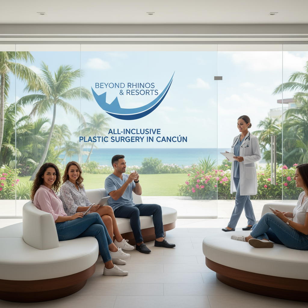 **Alt Text:** 3D rendered face in Cancun cityscape, representing medical tourism in Mexico for plastic surgery.