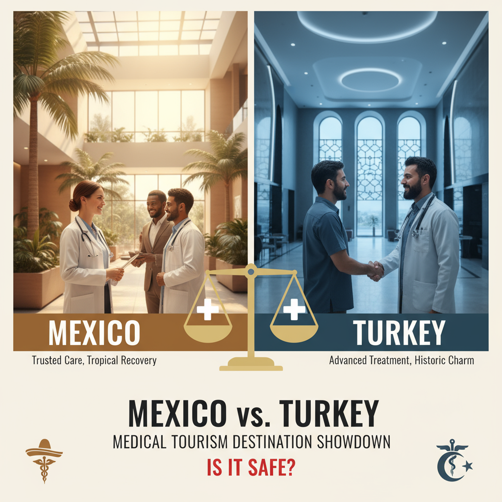 **Alt Text:** Mexico vs. Turkey: Medical tourism destination showdown. Debating if medical tourism is safe.